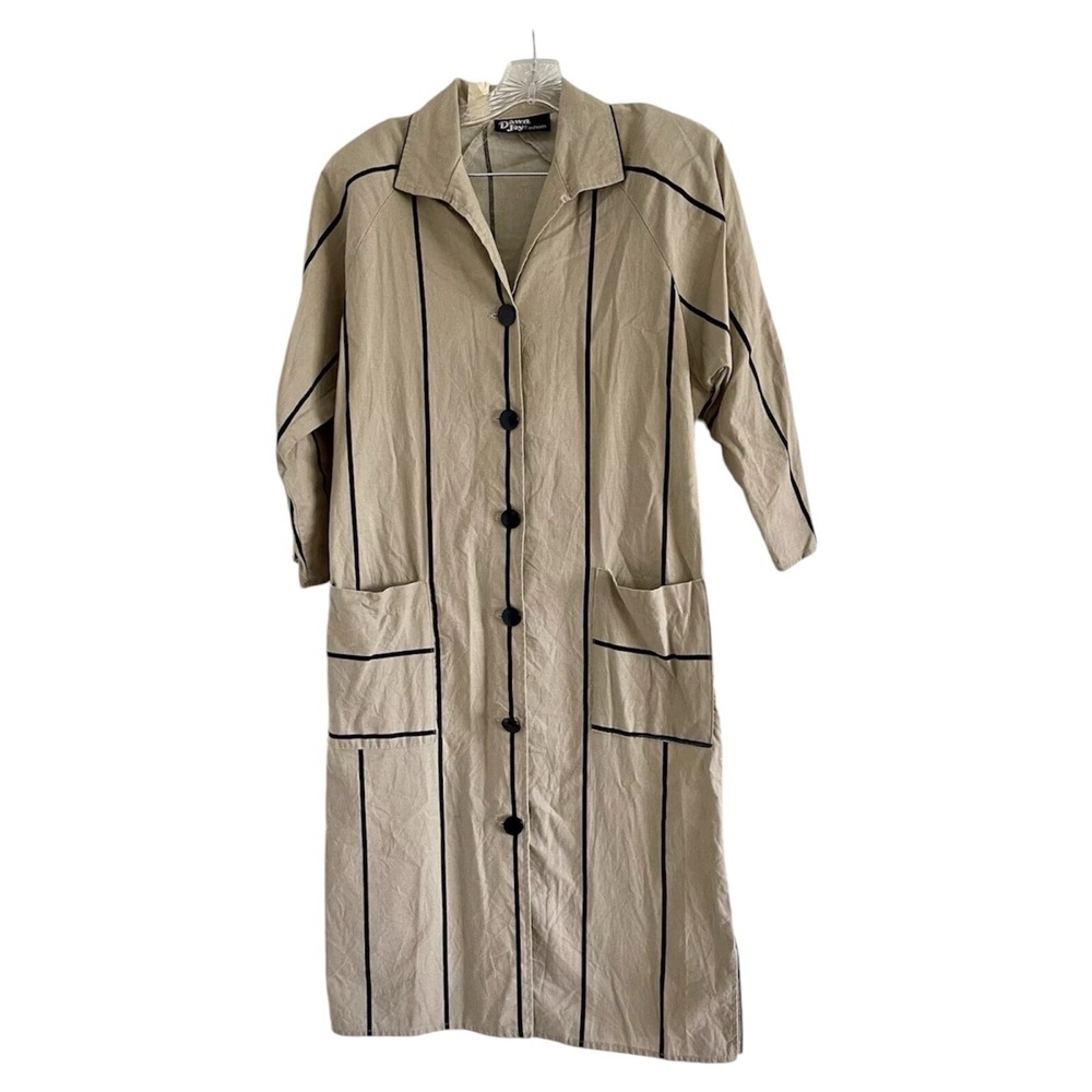 DAWN JOY FASHIONS 80's Women's Tan & Black Button Pockets Coat Dress Shirt-SMALL